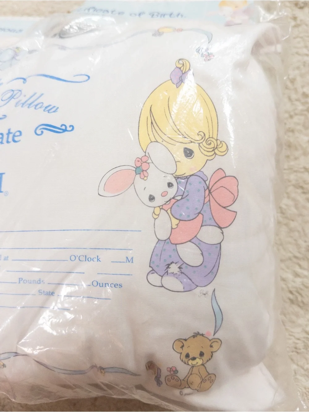 Vintage 90s Precious Moments Certificate of Birth Baby Pillow NWT